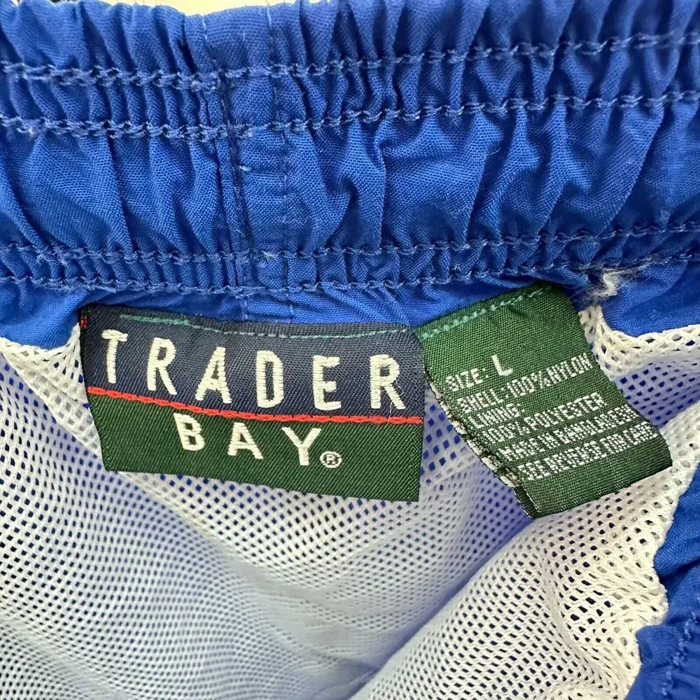 Vintage 90s Trader Bay Swim Shorts Trunks Mens L Blue Green Striped‎ Drawstring
